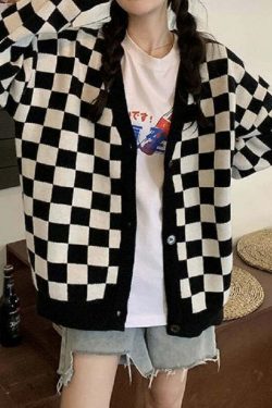 Y2K Grunge Checkerboard Knitted Cardigan - Retro 90s Fashion, Summer Outfits, and Pastel Goth