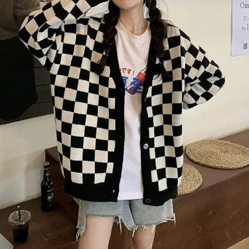 Y2K Grunge Checkerboard Knitted Cardigan - Retro 90s Fashion, Summer Outfits, and Pastel Goth