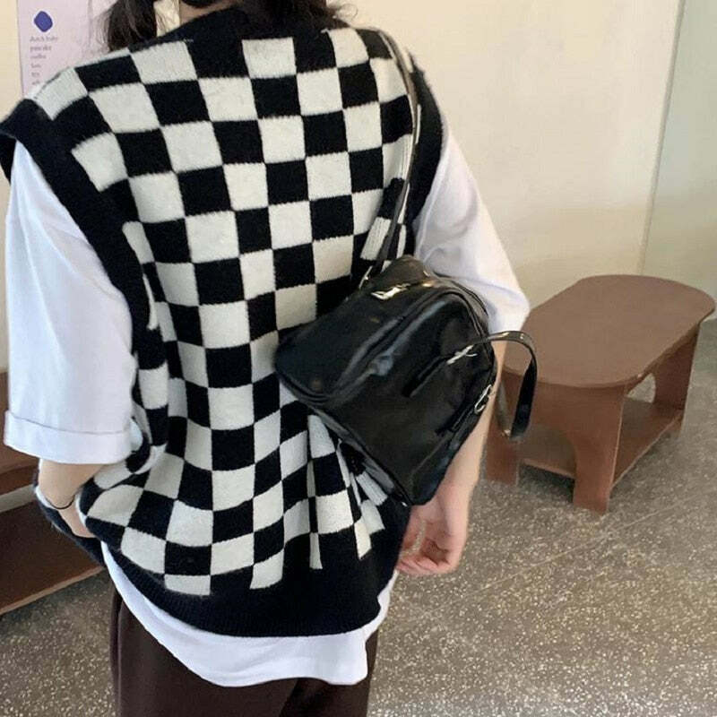 Y2K Grunge Checkerboard Knitted Sweater - Retro 90s Fashion, Gothic Y2K, Pastel Goth Style