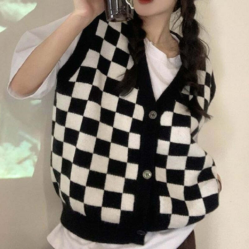 Y2K Grunge Checkerboard Knitted Sweater - Retro 90s Fashion, Gothic Y2K, Pastel Goth Style
