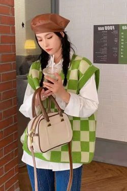 Y2K Grunge Checkerboard Knitted Sweater Green - Retro 90s Fashion, Summer Y2K Outfits