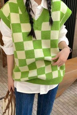 Y2K Grunge Checkerboard Knitted Sweater Green - Retro 90s Fashion, Summer Y2K Outfits