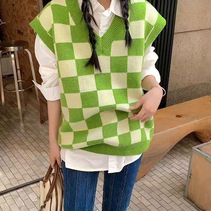 Y2K Grunge Checkerboard Knitted Sweater Green - Retro 90s Fashion, Summer Y2K Outfits
