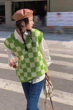 Y2K Grunge Checkerboard Knitted Sweater Green - Retro 90s Fashion, Summer Y2K Outfits
