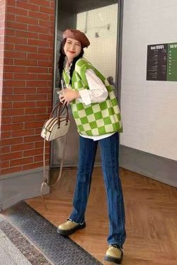 Y2K Grunge Checkerboard Knitted Sweater Green - Retro 90s Fashion, Summer Y2K Outfits