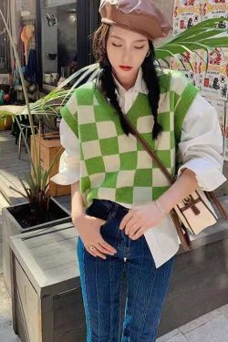 Y2K Grunge Checkerboard Knitted Sweater Green - Retro 90s Fashion, Summer Y2K Outfits