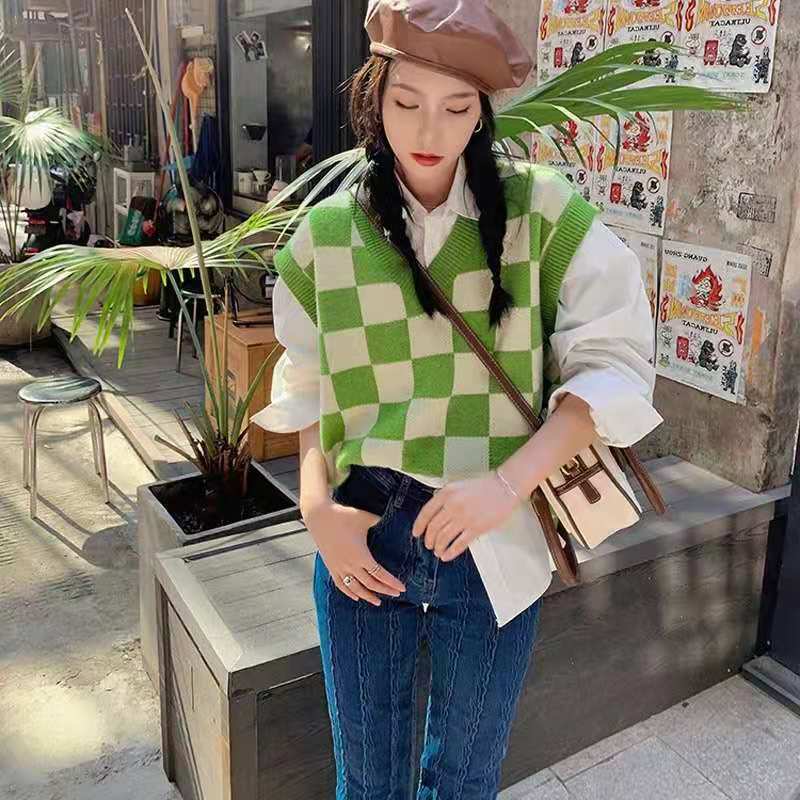 Y2K Grunge Checkerboard Knitted Sweater Green - Retro 90s Fashion, Summer Y2K Outfits