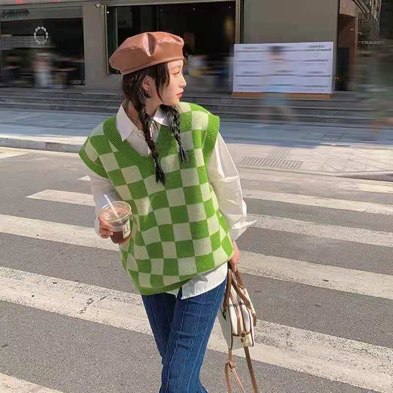 Y2K Grunge Checkerboard Knitted Sweater Green - Retro 90s Fashion, Summer Y2K Outfits