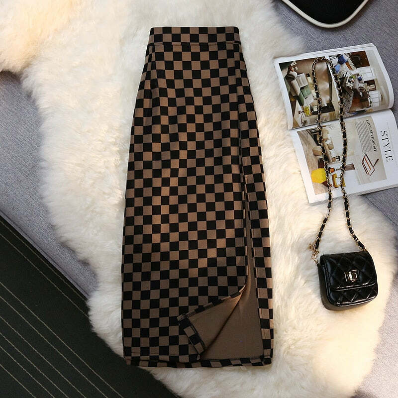 Y2K Grunge Checkerboard Long Skirt - Retro 90s Fashion, Summer Y2K Outfits, Pastel Goth Style