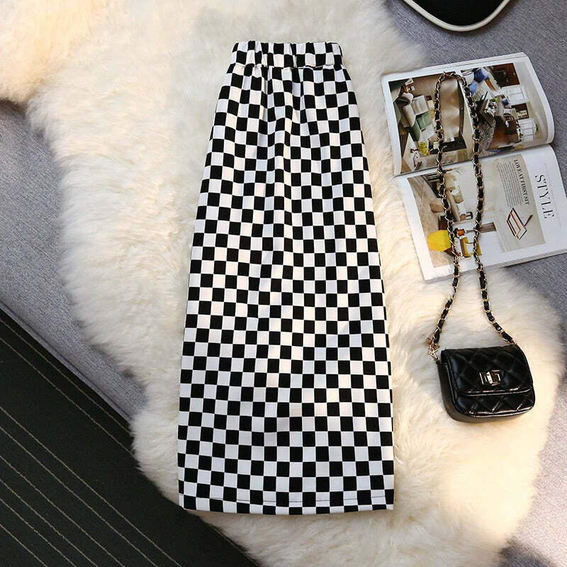 Y2K Grunge Checkerboard Long Skirt - Retro 90s Fashion, Summer Y2K Outfits, Pastel Goth Style