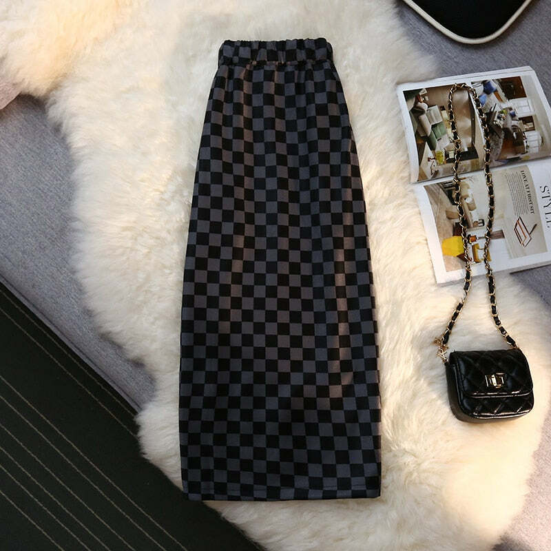 Y2K Grunge Checkerboard Long Skirt - Retro 90s Fashion, Summer Y2K Outfits, Pastel Goth Style