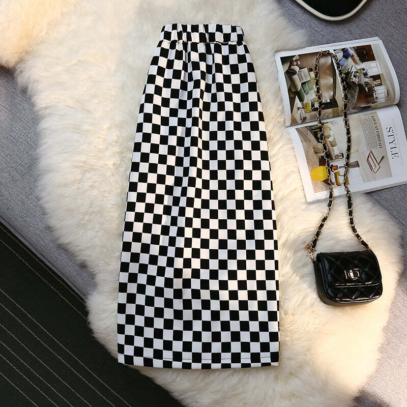 Y2K Grunge Checkerboard Long Skirt - Retro 90s Fashion, Summer Y2K Outfits, Pastel Goth Style