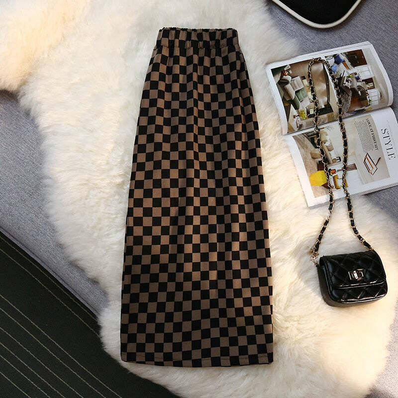 Y2K Grunge Checkerboard Long Skirt - Retro 90s Fashion, Summer Y2K Outfits, Pastel Goth Style