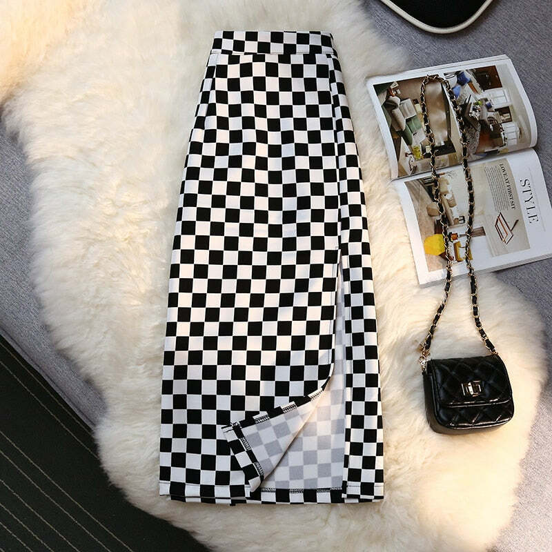 Y2K Grunge Checkerboard Long Skirt - Retro 90s Fashion, Summer Y2K Outfits, Pastel Goth Style