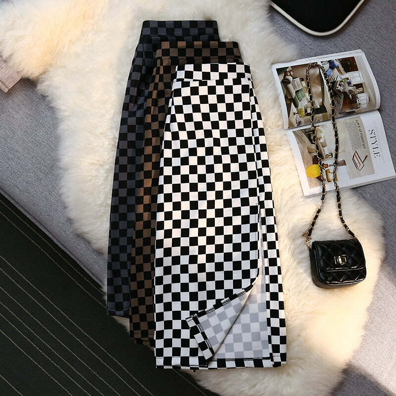 Y2K Grunge Checkerboard Long Skirt - Retro 90s Fashion, Summer Y2K Outfits, Pastel Goth Style