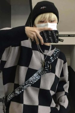 Y2K Grunge Checkerboard Oversize Sweater - Retro 90s Fashion, Summer Y2K Outfits, Pastel Goth