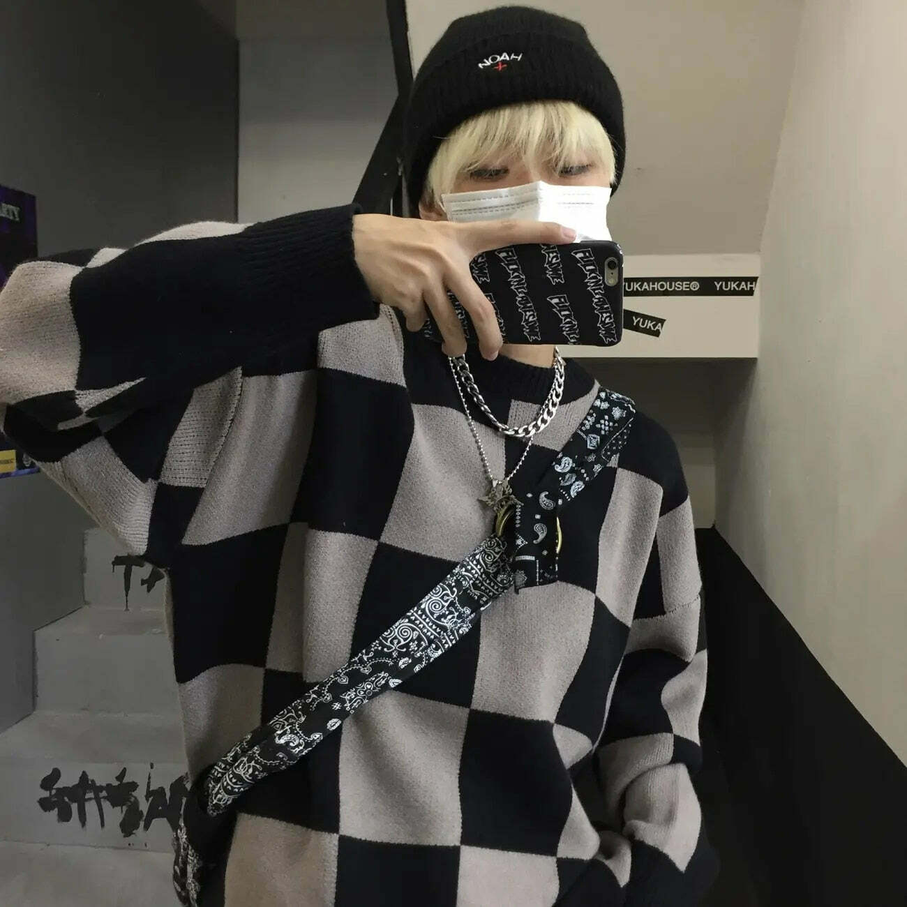 Y2K Grunge Checkerboard Oversize Sweater - Retro 90s Fashion, Summer Y2K Outfits, Pastel Goth