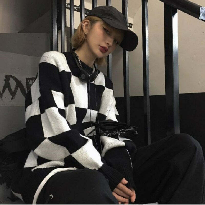 Y2K Grunge Checkerboard Oversize Sweater - Retro 90s Fashion, Summer Y2K Outfits, Pastel Goth