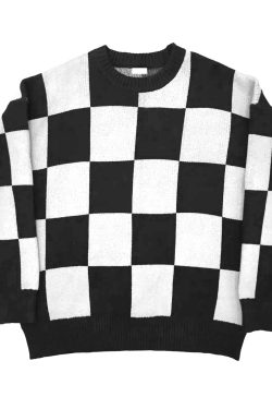 Y2K Grunge Checkerboard Oversize Sweater - Retro 90s Fashion, Summer Y2K Outfits, Pastel Goth