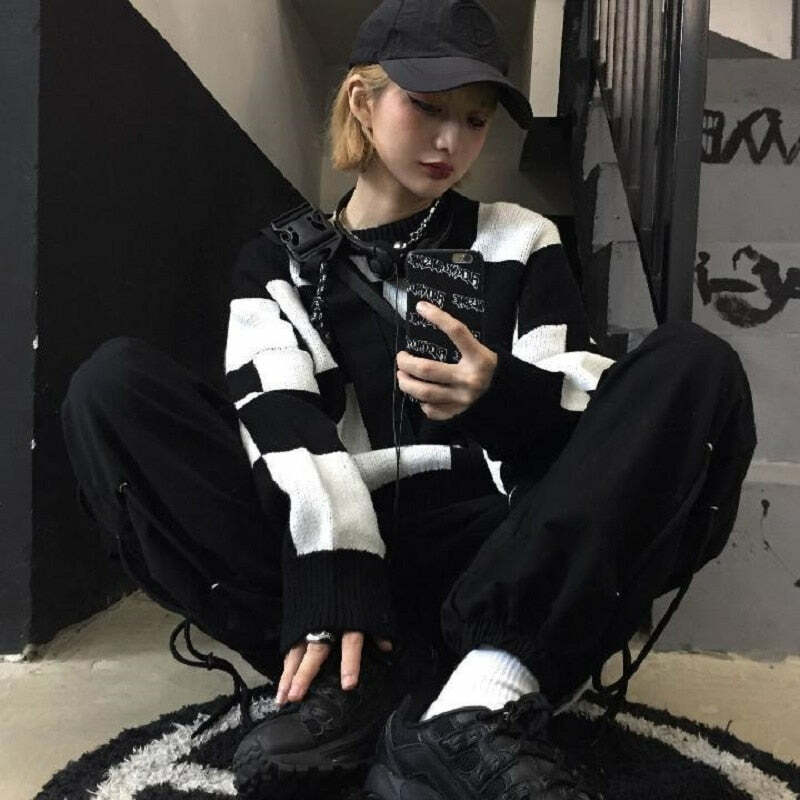 Y2K Grunge Checkerboard Oversize Sweater - Retro 90s Fashion, Summer Y2K Outfits, Pastel Goth