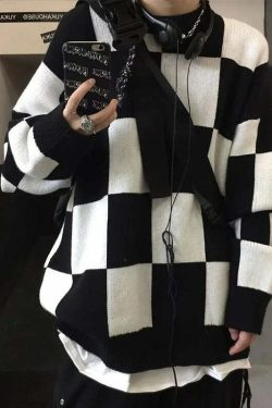 Y2K Grunge Checkerboard Oversize Sweater - Retro 90s Fashion, Summer Y2K Outfits, Pastel Goth