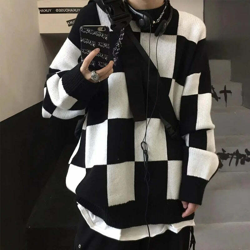 Y2K Grunge Checkerboard Oversize Sweater - Retro 90s Fashion, Summer Y2K Outfits, Pastel Goth