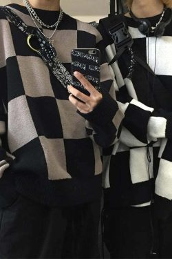 Y2K Grunge Checkerboard Oversize Sweater - Retro 90s Fashion, Summer Y2K Outfits, Pastel Goth