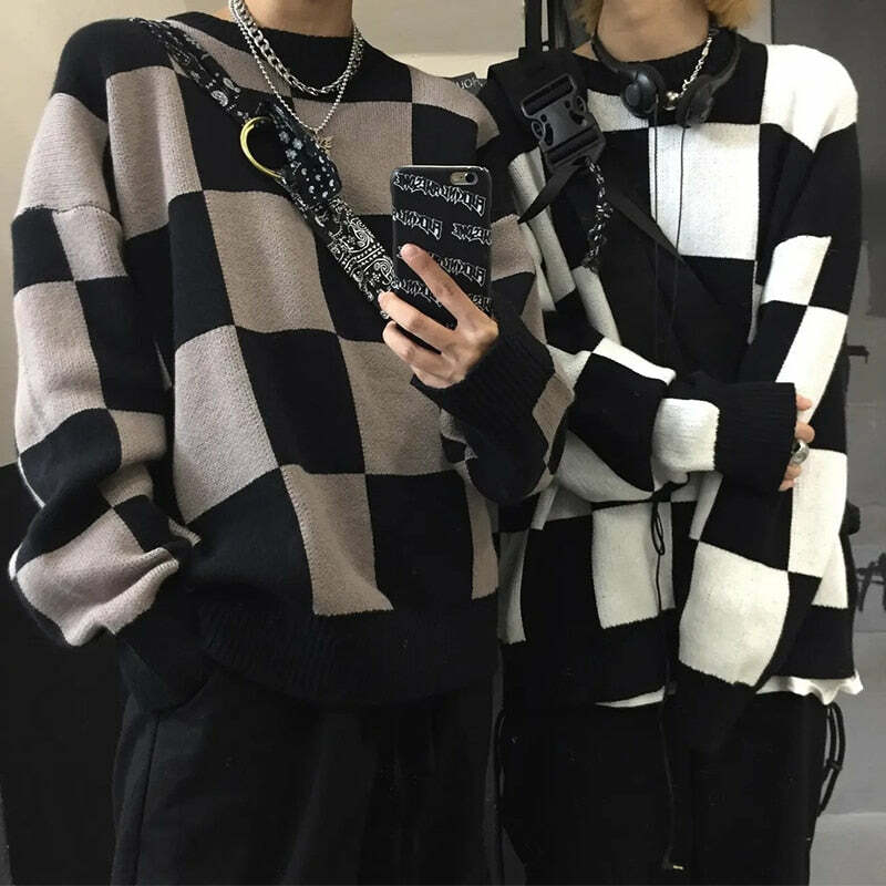 Y2K Grunge Checkerboard Oversize Sweater - Retro 90s Fashion, Summer Y2K Outfits, Pastel Goth