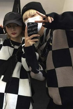 Y2K Grunge Checkerboard Oversize Sweater - Retro 90s Fashion, Summer Y2K Outfits, Pastel Goth