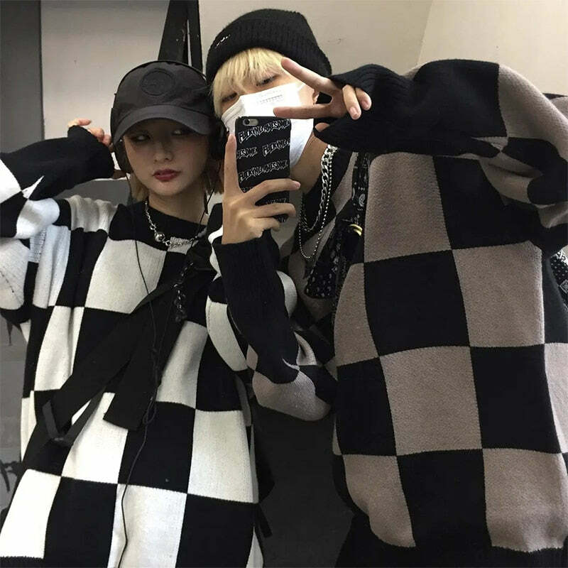 Y2K Grunge Checkerboard Oversize Sweater - Retro 90s Fashion, Summer Y2K Outfits, Pastel Goth