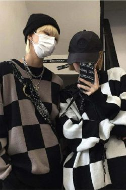 Y2K Grunge Checkerboard Oversize Sweater - Retro 90s Fashion, Summer Y2K Outfits, Pastel Goth