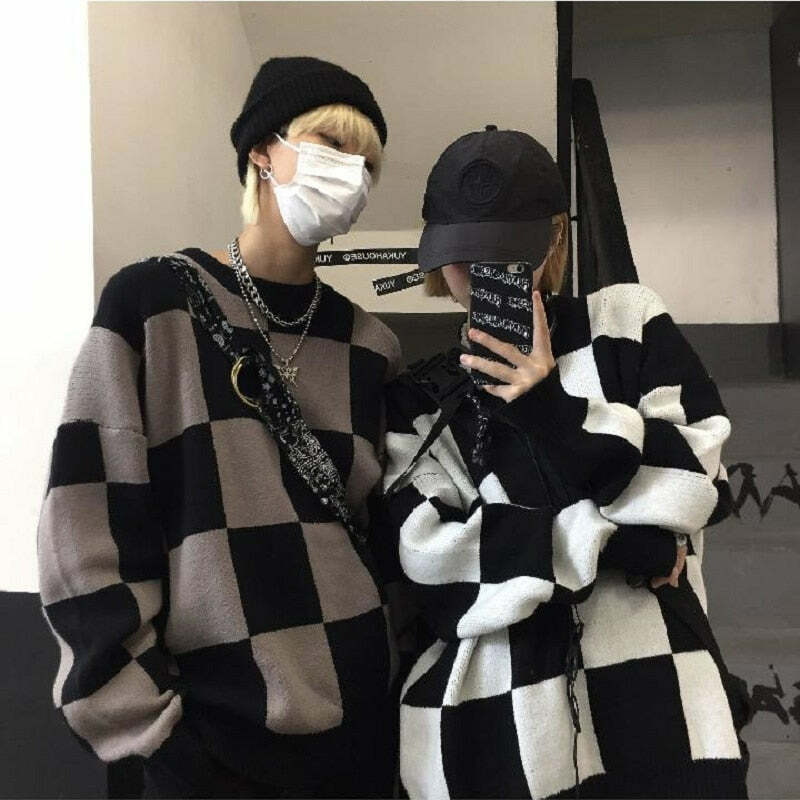 Y2K Grunge Checkerboard Oversize Sweater - Retro 90s Fashion, Summer Y2K Outfits, Pastel Goth