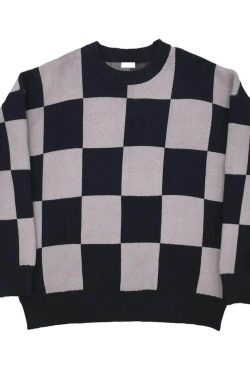 Y2K Grunge Checkerboard Oversize Sweater - Retro 90s Fashion, Summer Y2K Outfits, Pastel Goth