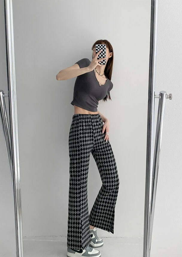 Y2K Grunge Checkerboard Split Pants - Retro 90s Fashion, Summer Y2K Outfits, Gothic Y2K Style