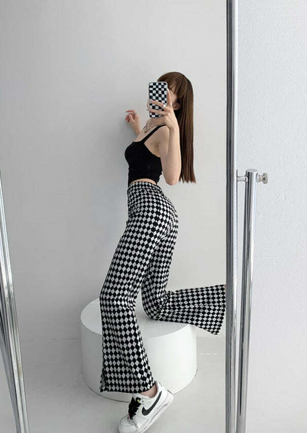 Y2K Grunge Checkerboard Split Pants - Retro 90s Fashion, Summer Y2K Outfits, Gothic Y2K Style