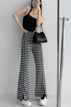 Y2K Grunge Checkerboard Split Pants - Retro 90s Fashion, Summer Y2K Outfits, Gothic Y2K Style