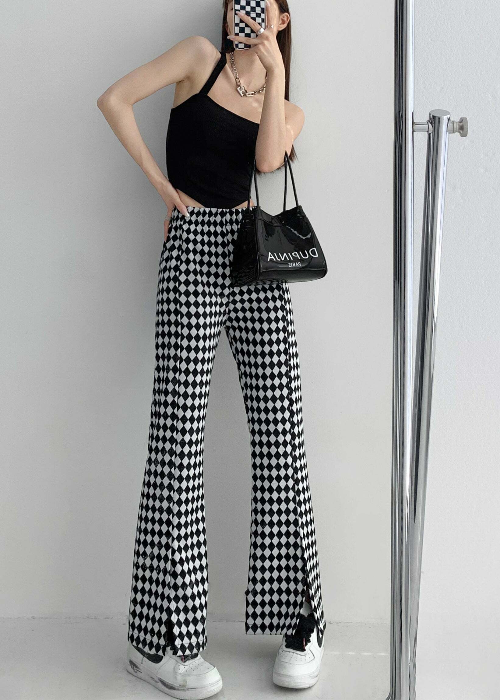 Y2K Grunge Checkerboard Split Pants - Retro 90s Fashion, Summer Y2K Outfits, Gothic Y2K Style
