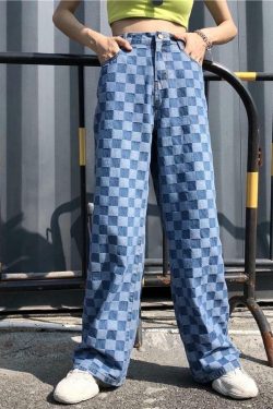 Y2K Grunge Checkered Blue Wide Leg Pants - Retro 90s Summer Outfit for Women