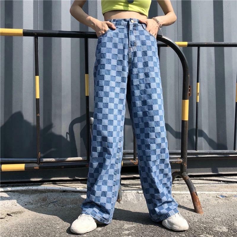 Y2K Grunge Checkered Blue Wide Leg Pants - Retro 90s Summer Outfit for Women
