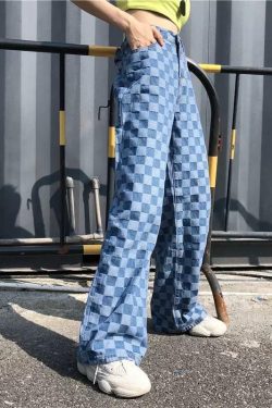 Y2K Grunge Checkered Blue Wide Leg Pants - Retro 90s Summer Outfit for Women