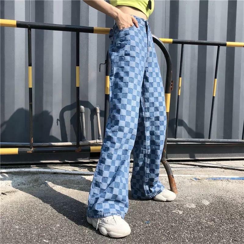 Y2K Grunge Checkered Blue Wide Leg Pants - Retro 90s Summer Outfit for Women