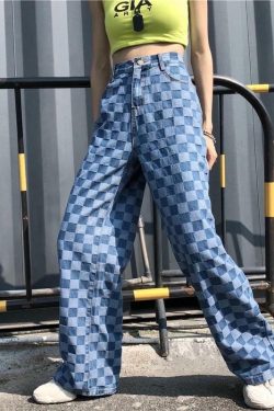Y2K Grunge Checkered Blue Wide Leg Pants - Retro 90s Summer Outfit for Women