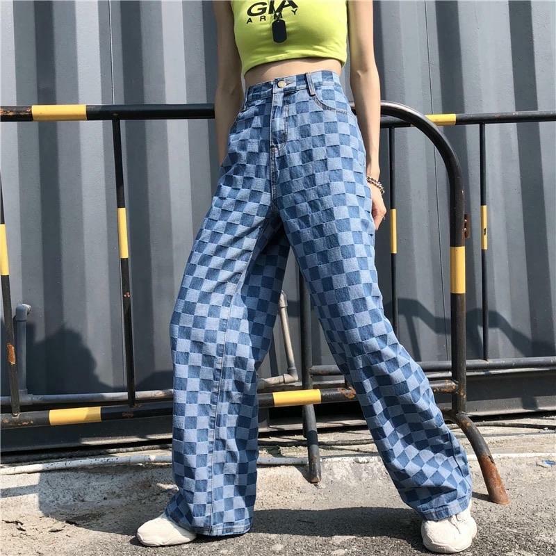 Y2K Grunge Checkered Blue Wide Leg Pants - Retro 90s Summer Outfit for Women
