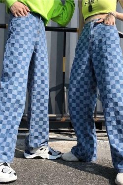Y2K Grunge Checkered Blue Wide Leg Pants - Retro 90s Summer Outfit for Women