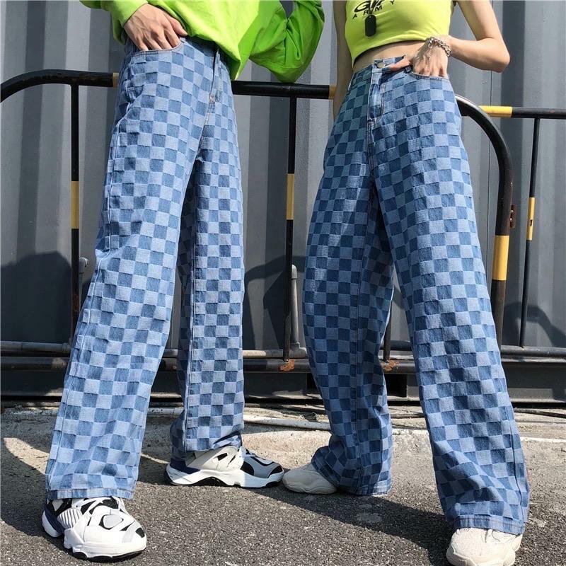Y2K Grunge Checkered Blue Wide Leg Pants - Retro 90s Summer Outfit for Women