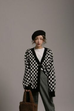 Y2K Grunge Checkered Oversized Knit Cardigan - Retro 90s Fashion, Summer Y2K Outfits
