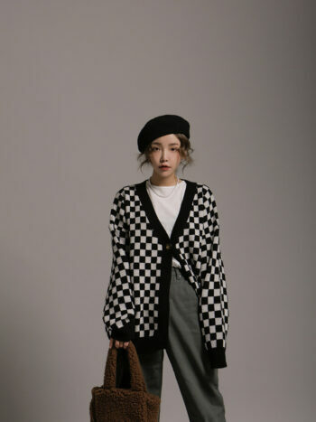 Y2K Grunge Checkered Oversized Knit Cardigan - Retro 90s Fashion, Summer Y2K Outfits