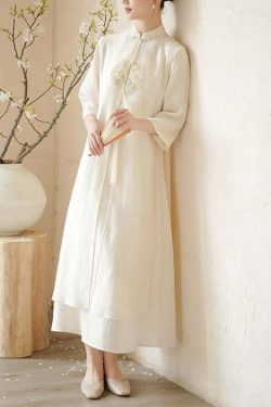 Y2K Grunge Chinese Style Beige Embroidered Lace-Up Patchwork Silk Dress - 90s Summer Outfit