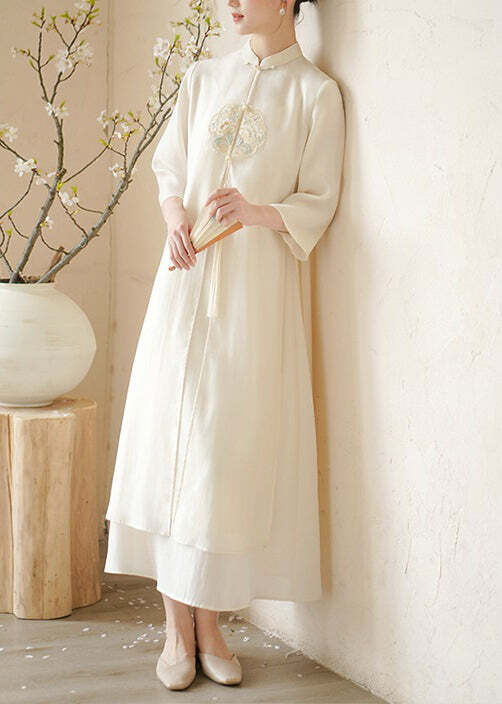 Y2K Grunge Chinese Style Beige Embroidered Lace-Up Patchwork Silk Dress - 90s Summer Outfit