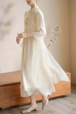 Y2K Grunge Chinese Style Beige Embroidered Lace-Up Patchwork Silk Dress - 90s Summer Outfit
